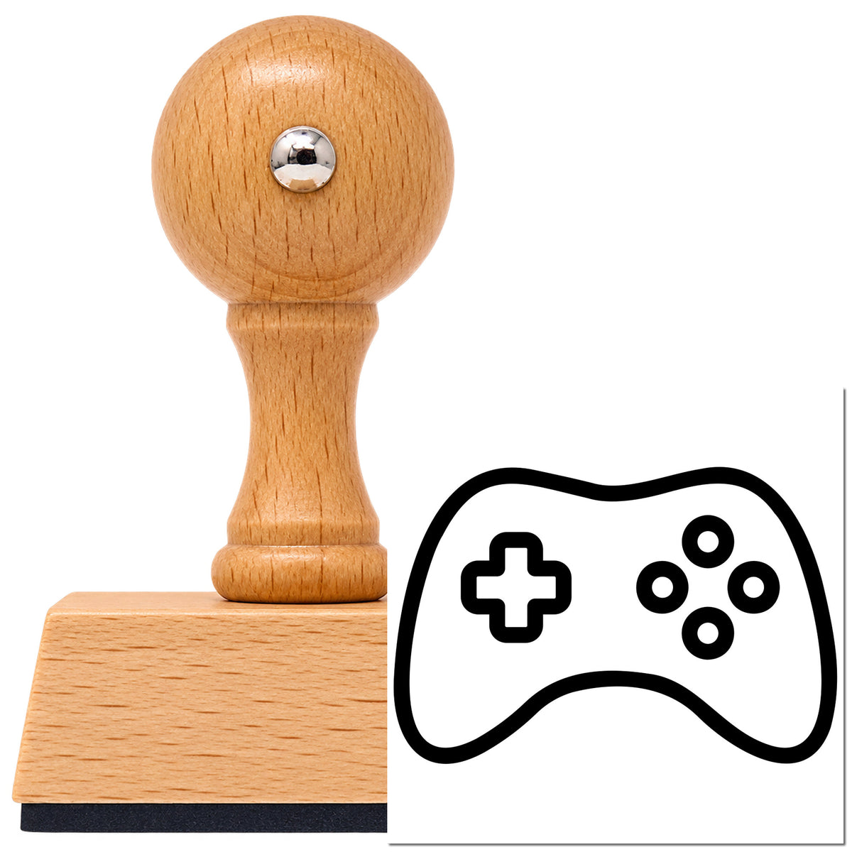 Vintage Pro beech wood stamp with a round knob handle, shown with its black Simple Outlined Game Controller imprint on white.