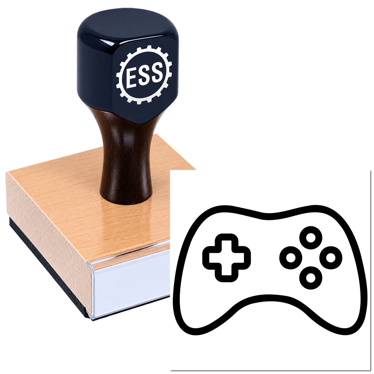 Dark blue ESS gear stamp on pink wooden block with black game controller seal icon.