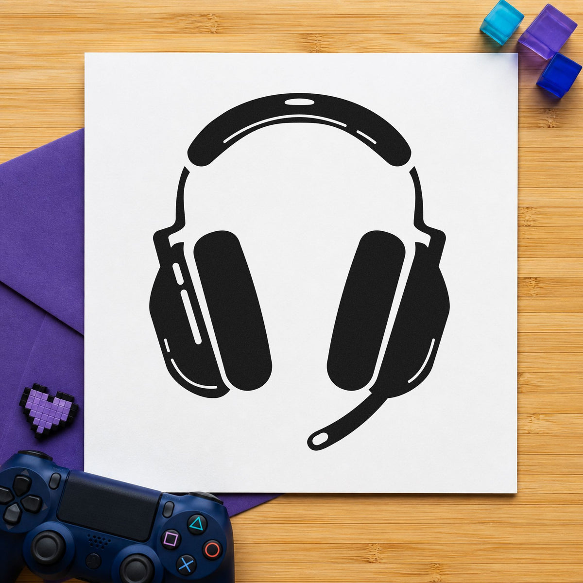 Gaming Headset With Microphone craft stamp in black ink on cardstock, an easy option for squad season album page.