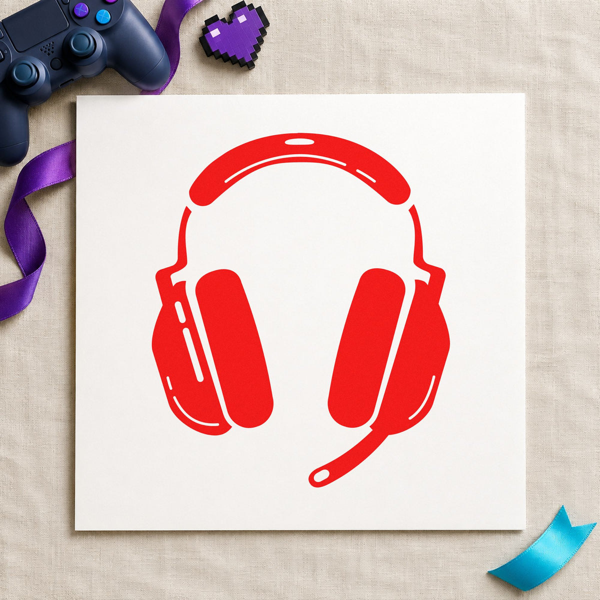Gaming Headset With Microphone craft stamp imprint in red ink on a handmade project, one idea being call sign cards.