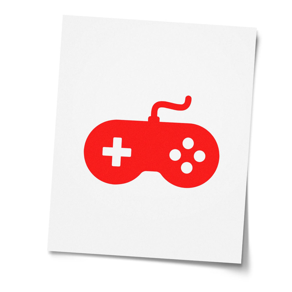 Red game controller stamp and seal design on white paper, with plus and button symbols.