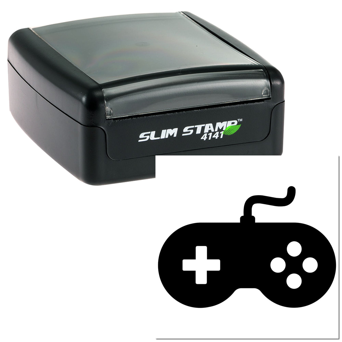 Black slim self-inking stamp with translucent gray lid and black seal icon on a white background.