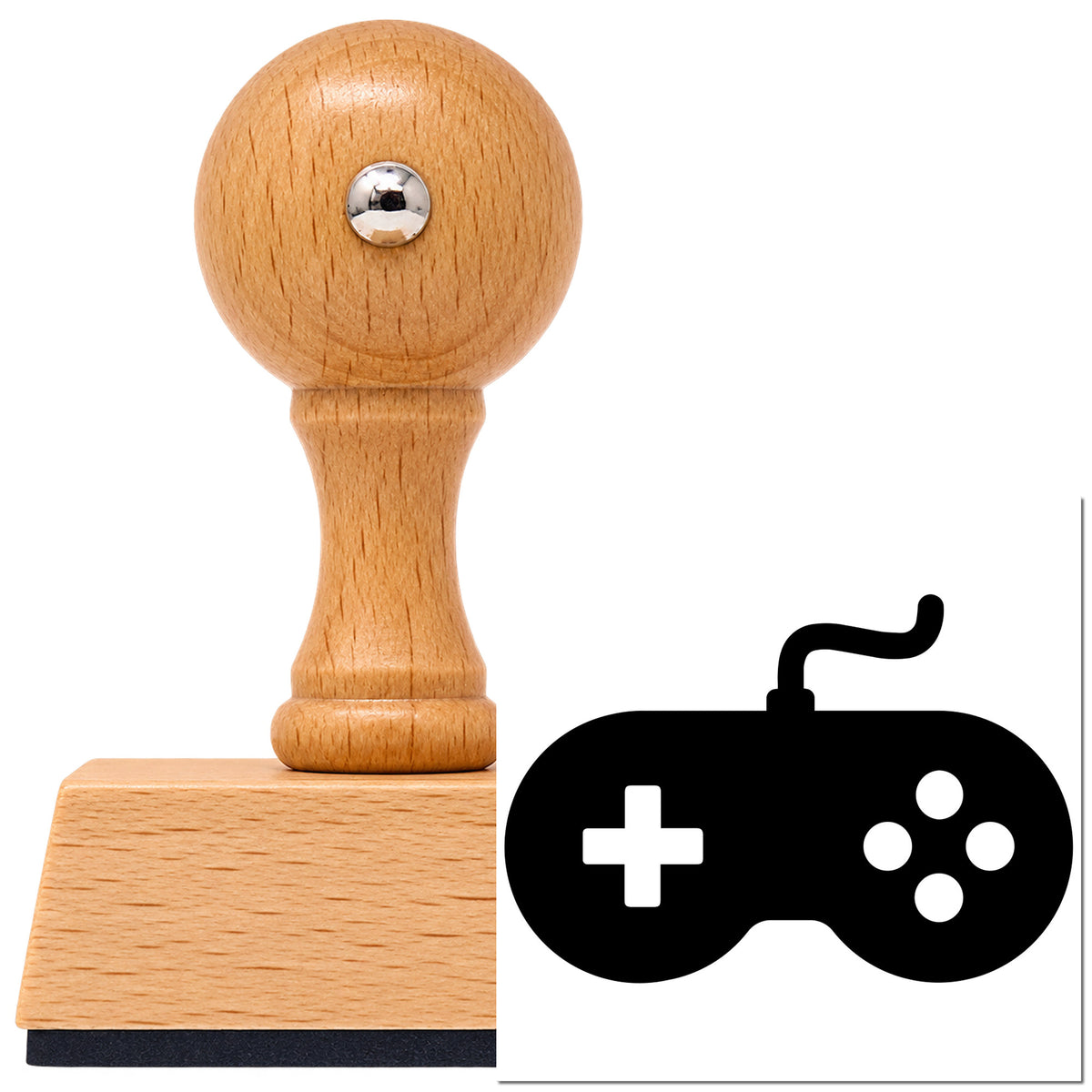 Vintage Pro beech wood stamp with a round knob handle, shown with its black Solid Wired Retro Controller imprint on white.