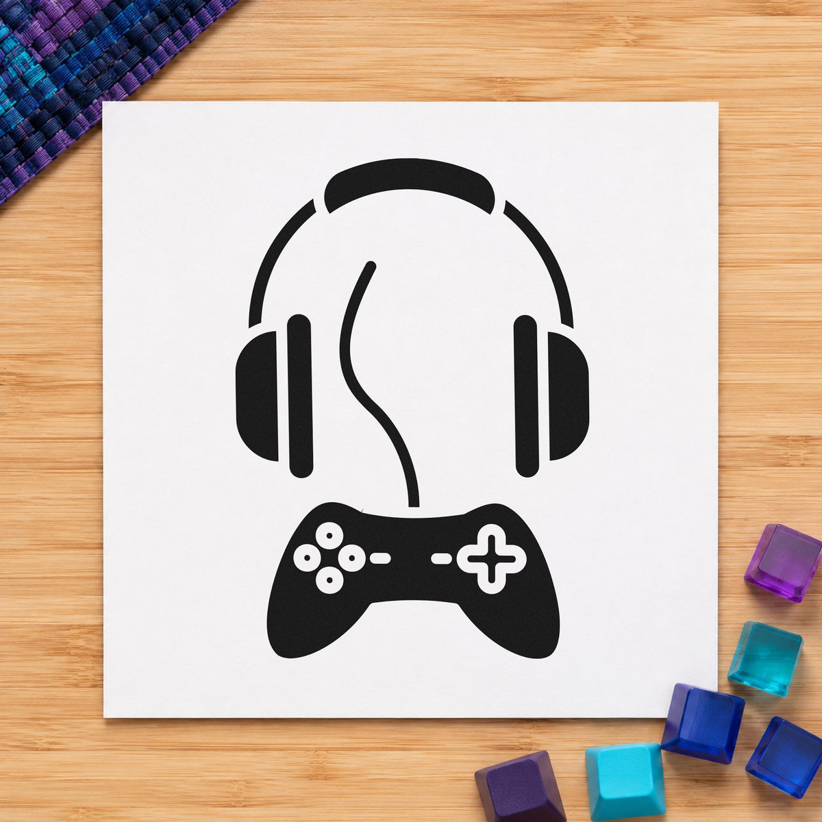 Headphones Above Wired Controller rubber stamp printed in black ink, ready for episode plan sheet and similar paper crafts.