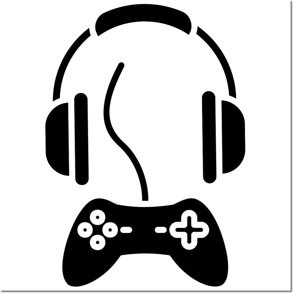 Black gaming headset and controller stamp icon on white background for seal products