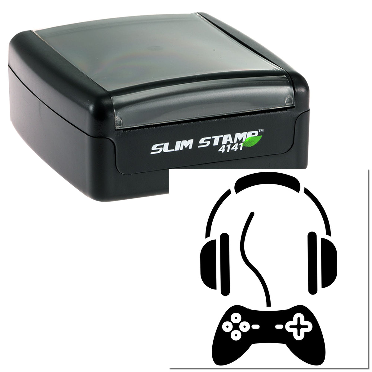 Black slim self-inking stamp and seal set with gray lid and headset-controller logo.