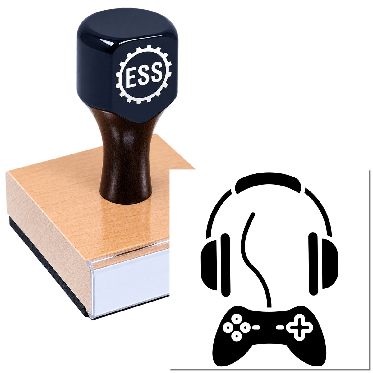 Dark blue ESS custom stamp seal pressing onto a wooden block, with a black gaming headset and controller icon.