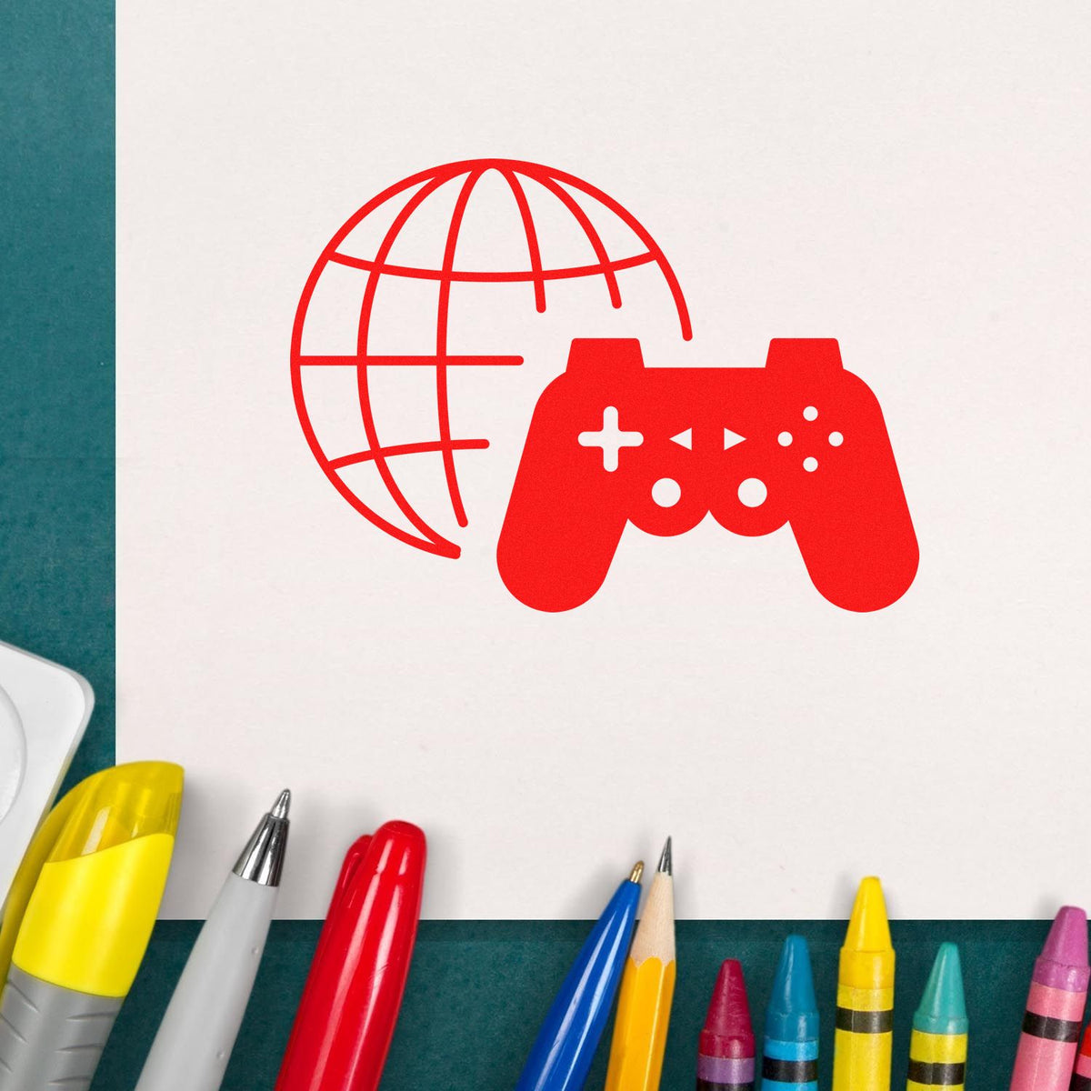 Red globe and game controller stamp seal on white paper, with colorful pens around the edges.