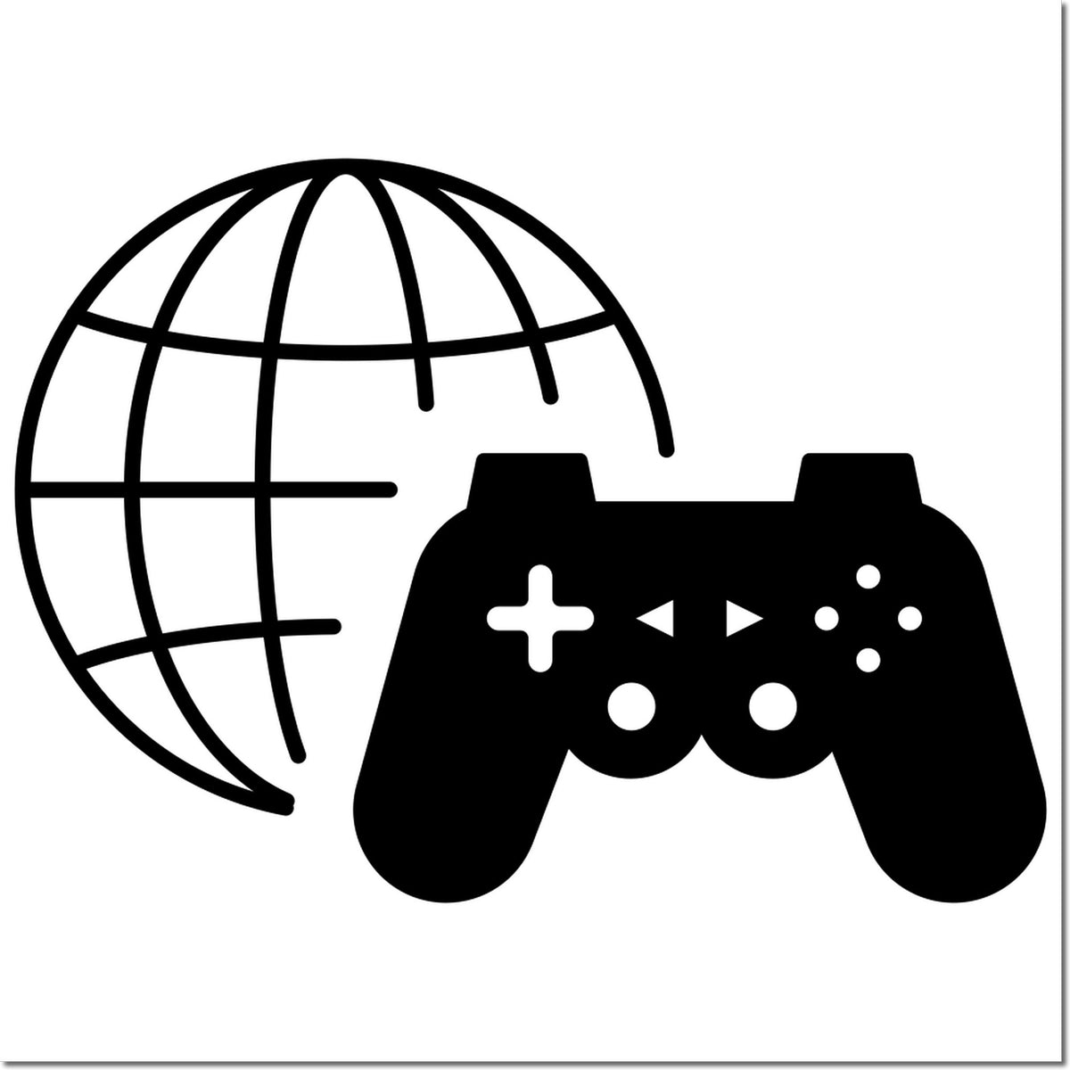 Black globe and game controller stamp seal icon for digital products on white background