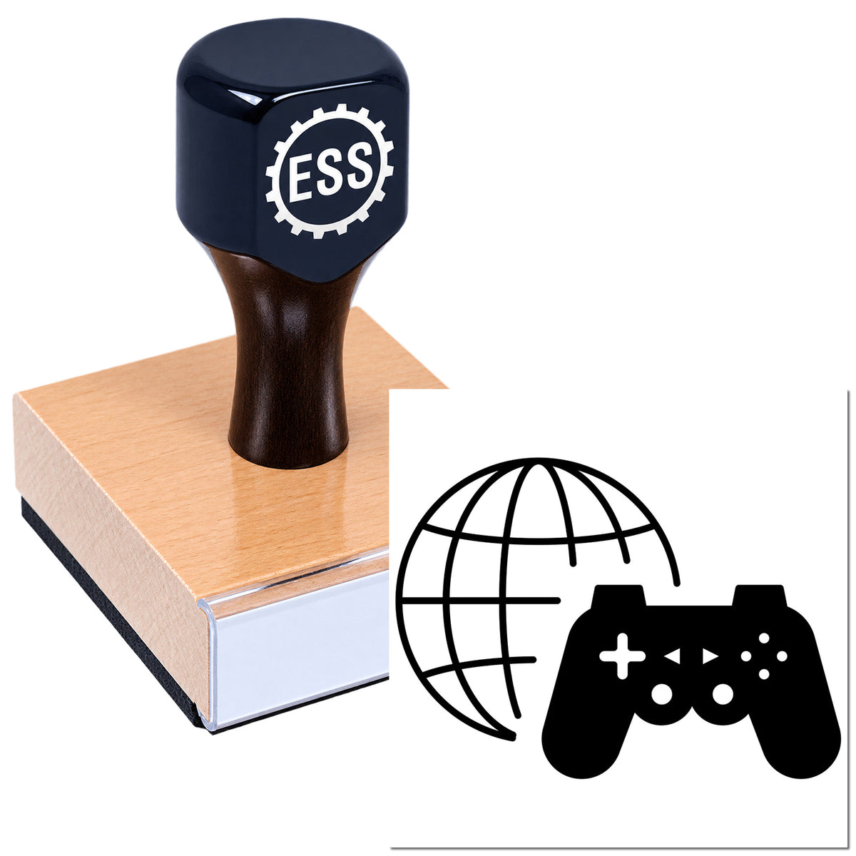Dark blue ESSI custom stamp on a copper-toned seal block, with globe and game controller icon.