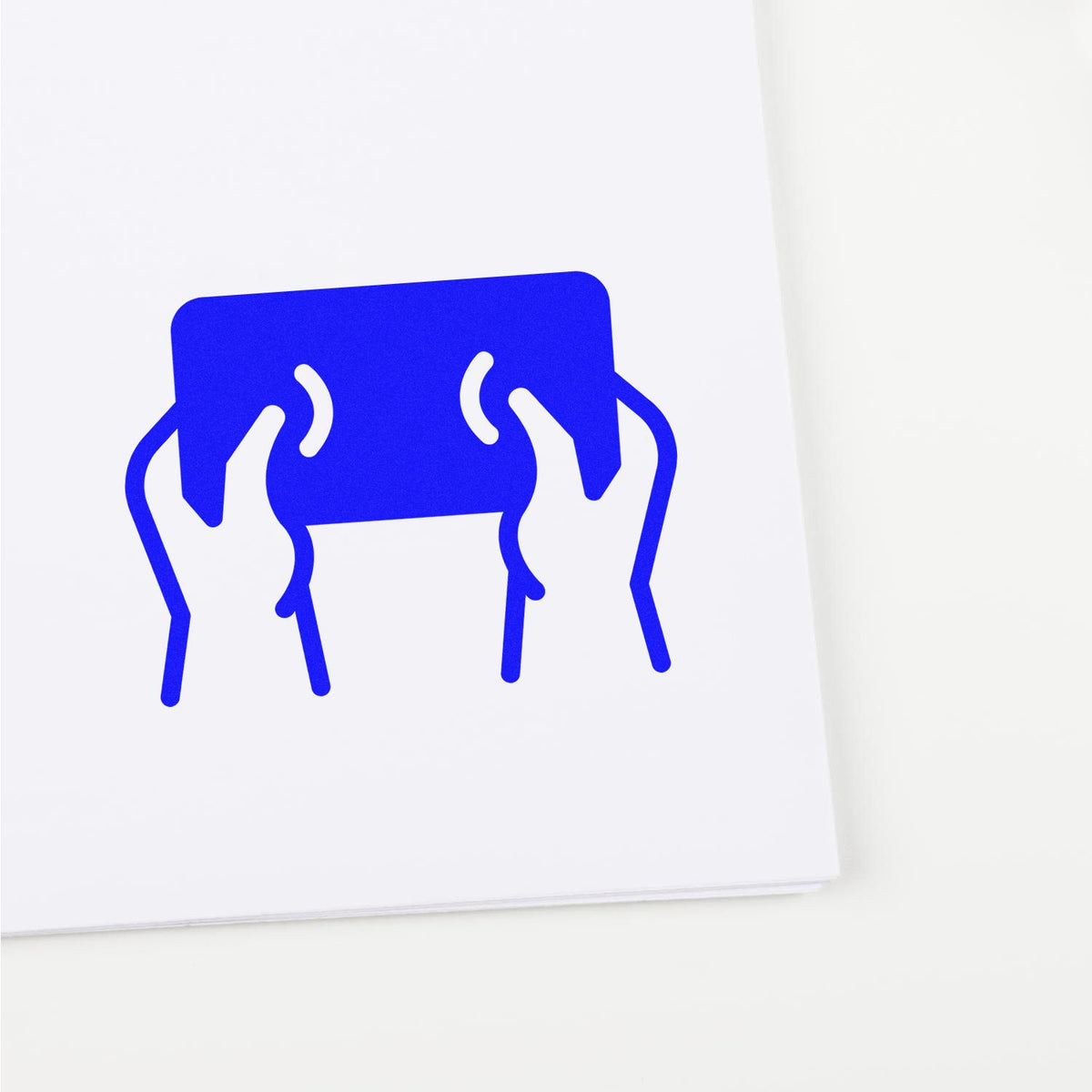 Blue stamp seal icon of two hands holding a card on white paper background