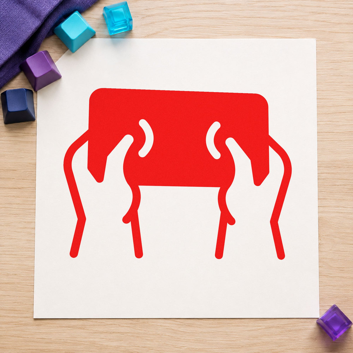 Hands Holding Dark Tablet craft stamp imprint in red ink on a handmade project, one idea being how to cards.