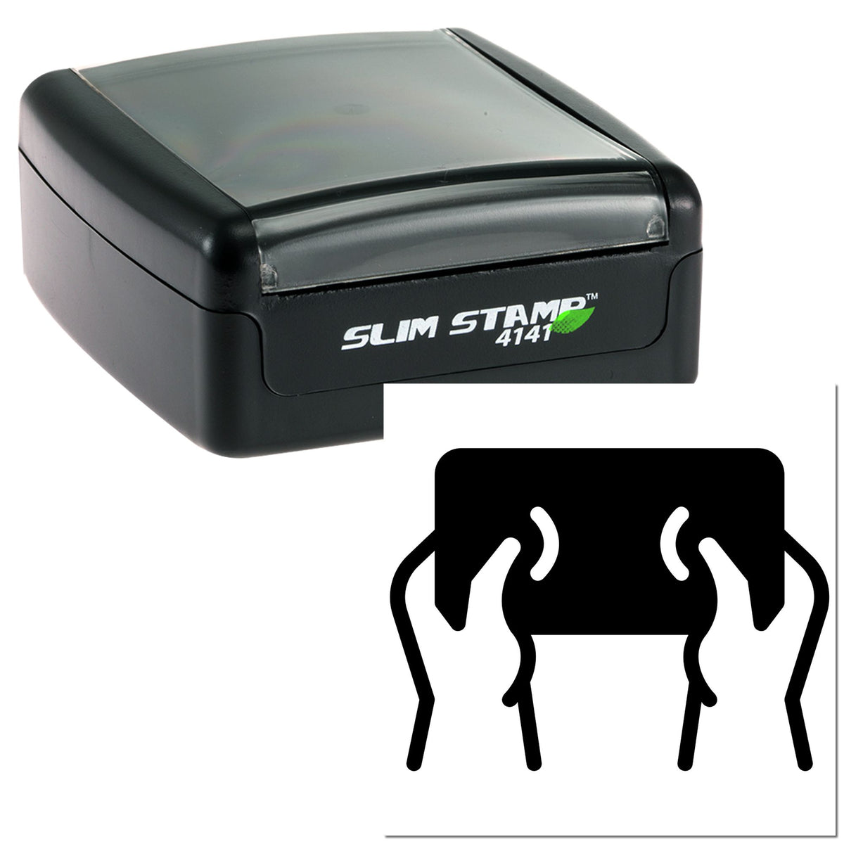 Black Slim Stamp 4141 self-inking stamp with gray translucent top and matching seal icon