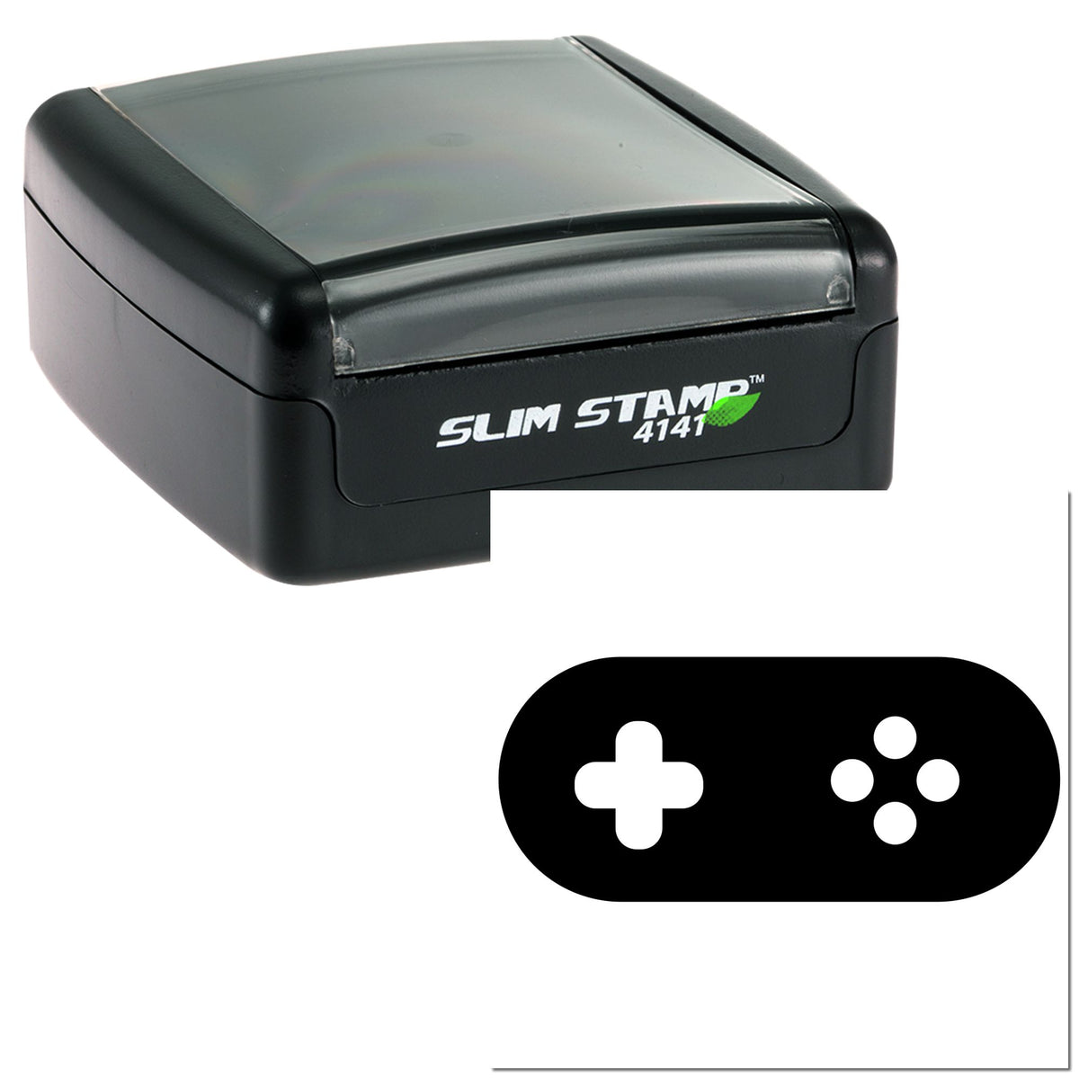 Black Slim Stamp 4141 self-inking seal with translucent gray cover and white plus and dot icons