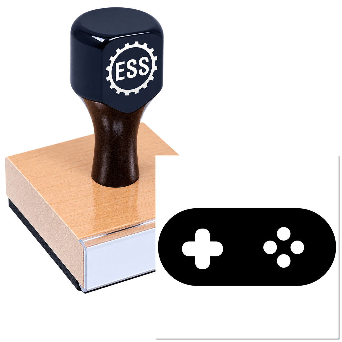 Black ESSS stamp seal with dark blue handle on a pink wooden base, plus a black rounded icon with white symbols
