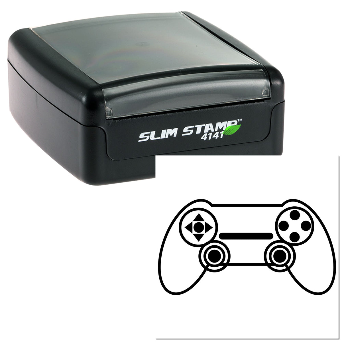 Black self-inking Slim Stamp 4141 with translucent gray lid and matching seal graphic on white background.