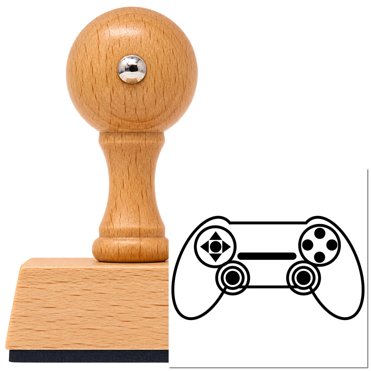 Vintage Pro beech wood stamp with a round knob handle, shown with its black Symmetrical Thumbstick Controller imprint on white.