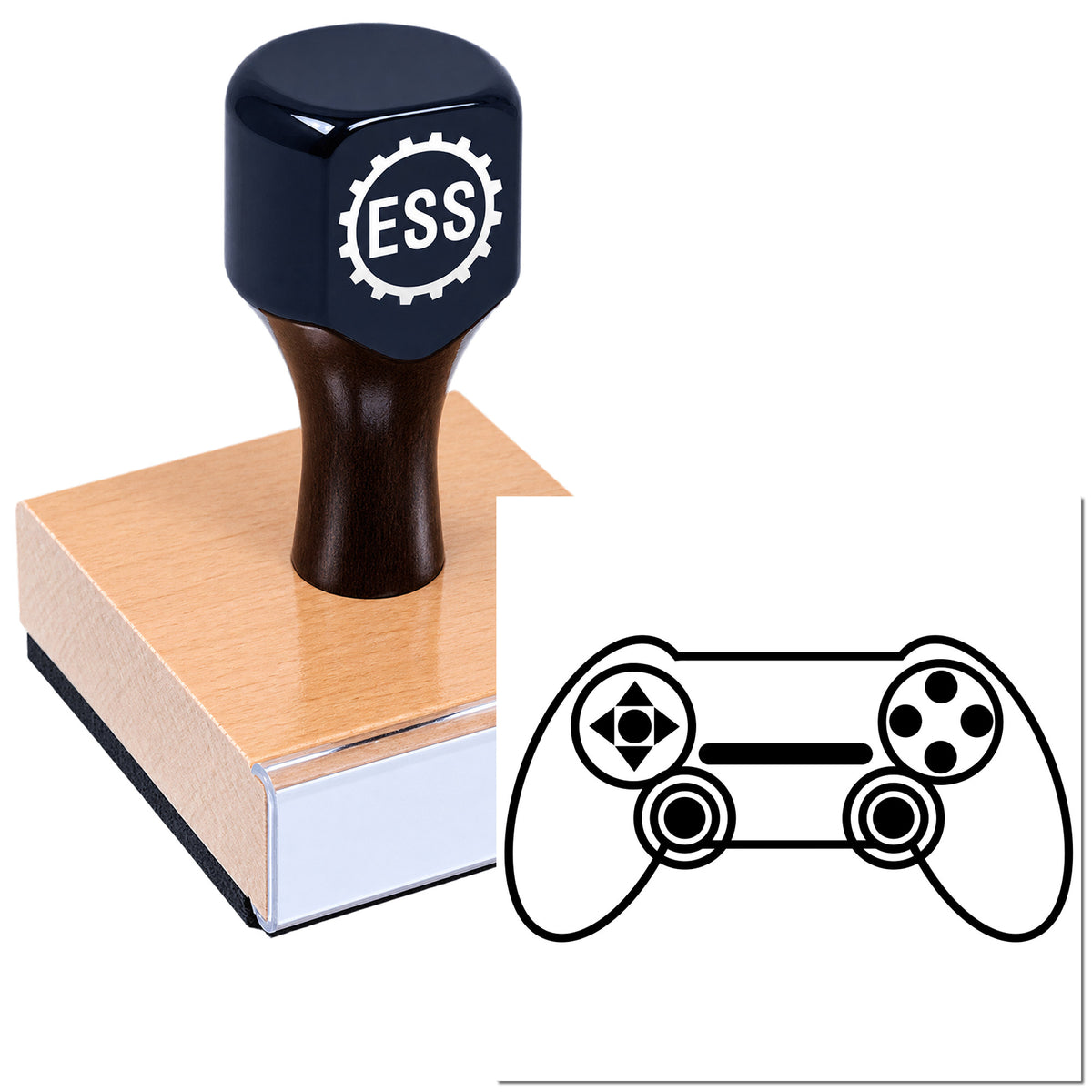 Black ESS rubber stamp on a wooden block beside a controller-style seal graphic on white background