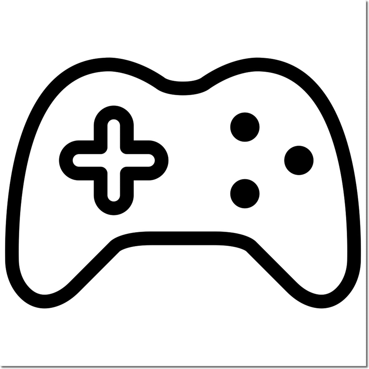 Black game controller stamp and seal with a plus D-pad and three buttons on a white background.