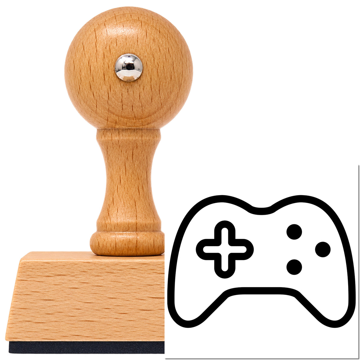 Vintage Pro beech wood stamp with a round knob handle, shown with its black Three Button Controller Line Art imprint on white.