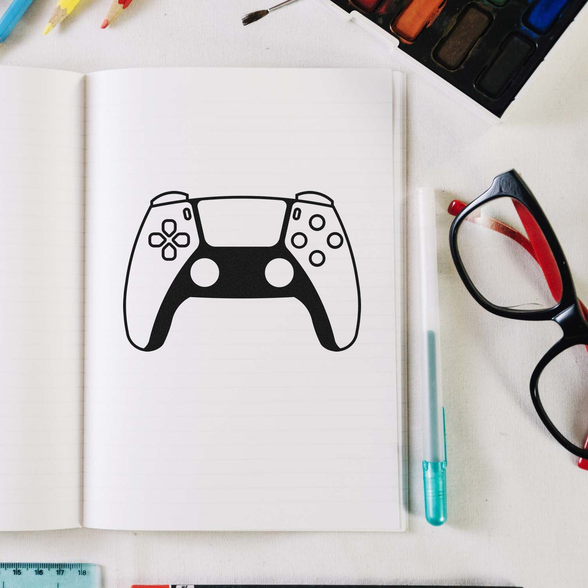 Black game controller stamp on open white notebook, with seal-making tools: glasses, pen, paint tray, and ruler.
