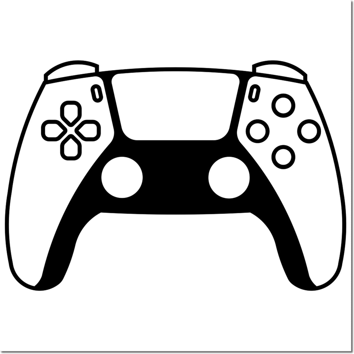 Black-and-white game controller-shaped stamp and seal with button icons, rounded grips, and bold outline