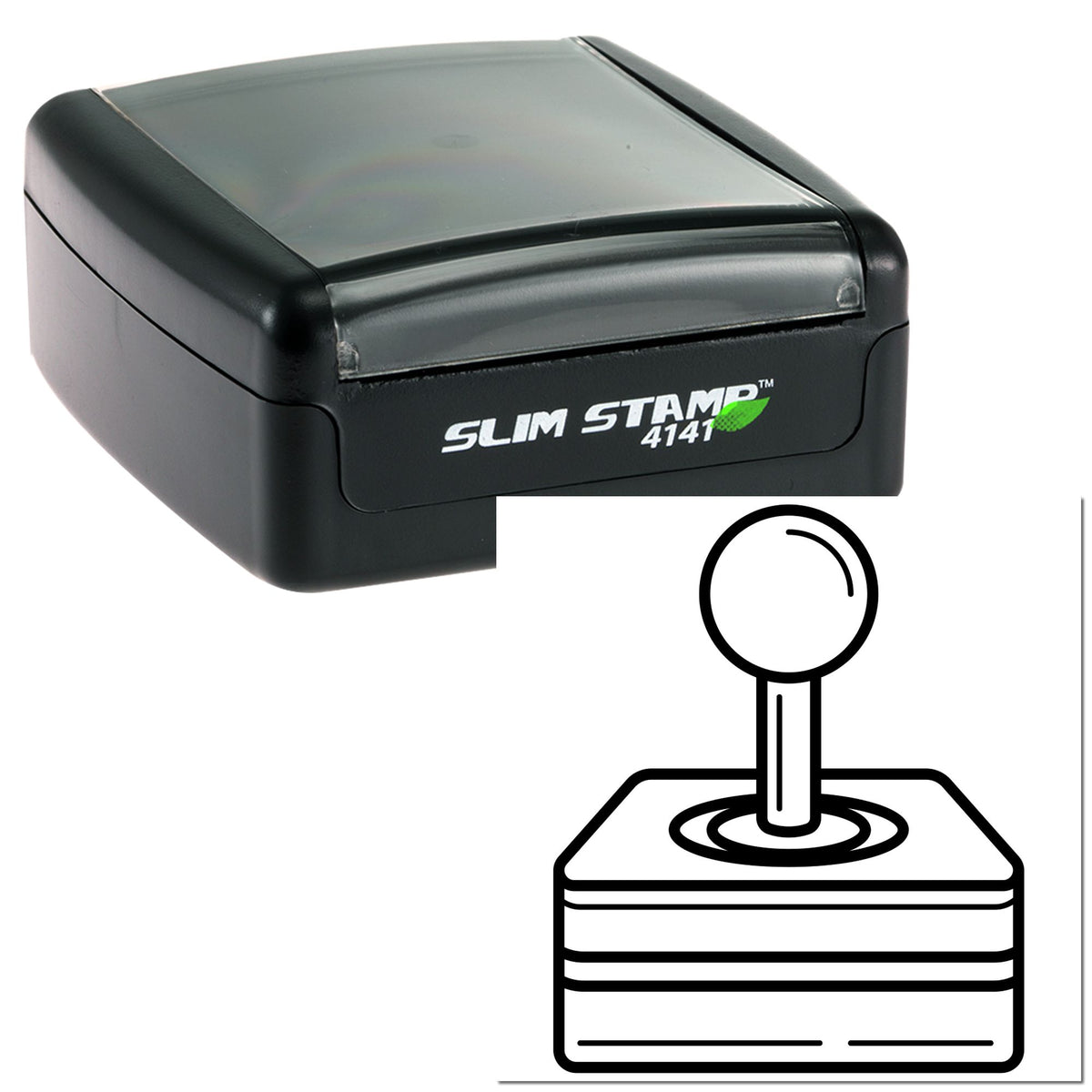 Black Slim Stamp self-inking seal with translucent gray cover and rubber stamp icon