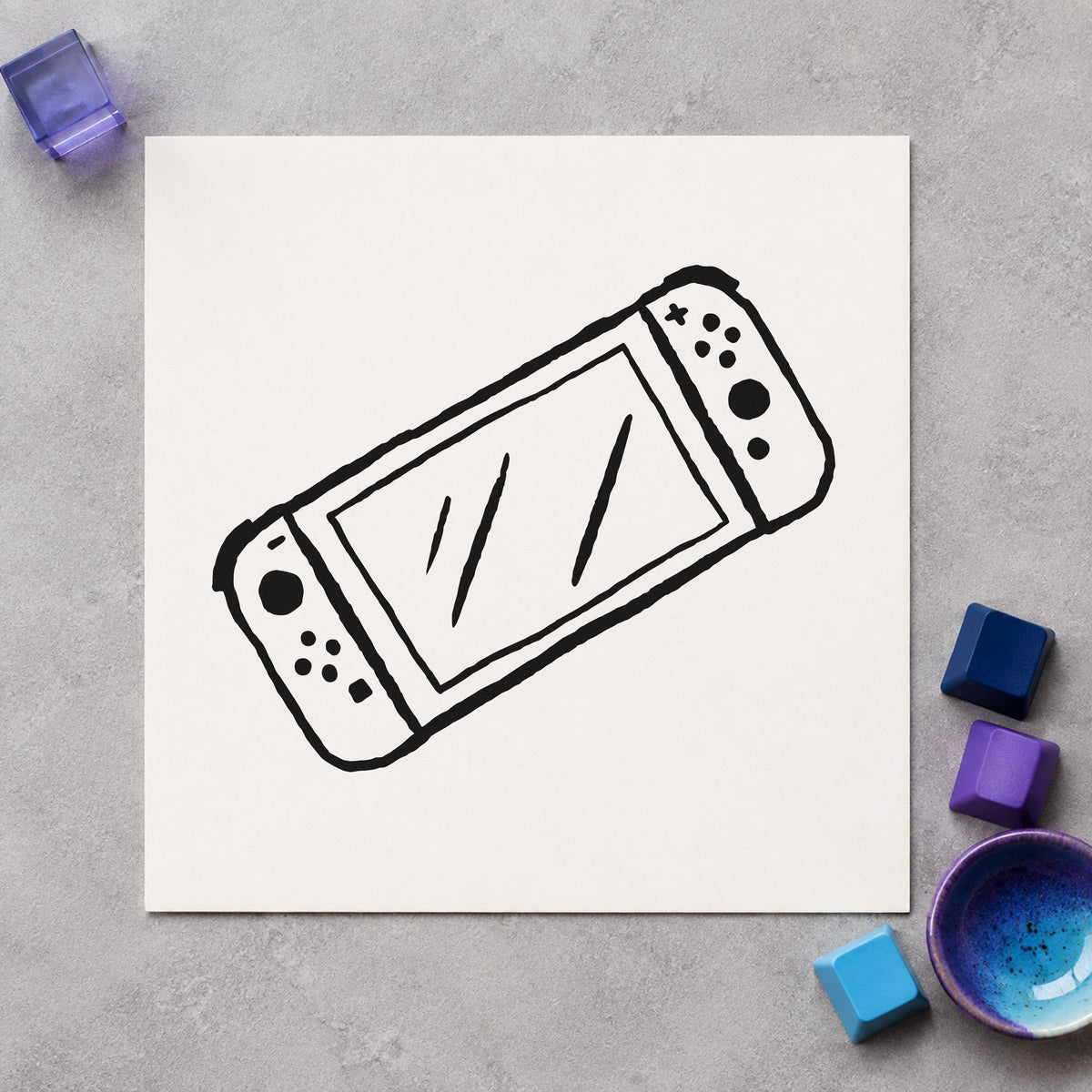 Handheld Gaming Console Outline craft stamp in black ink on cardstock, an easy option for journey album page.