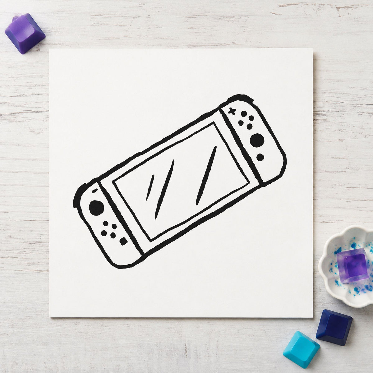 Handheld Gaming Console Outline rubber stamp printed in black ink, ready for tilted handheld cards and similar paper crafts.