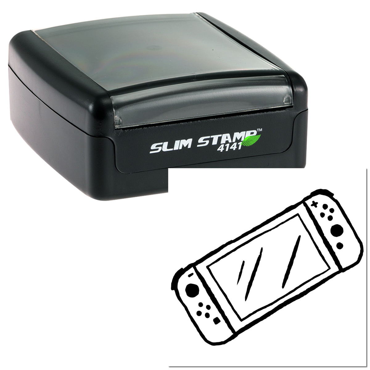 Black Slim Stamp 4141 self-inking stamp with matching rectangular seal design.