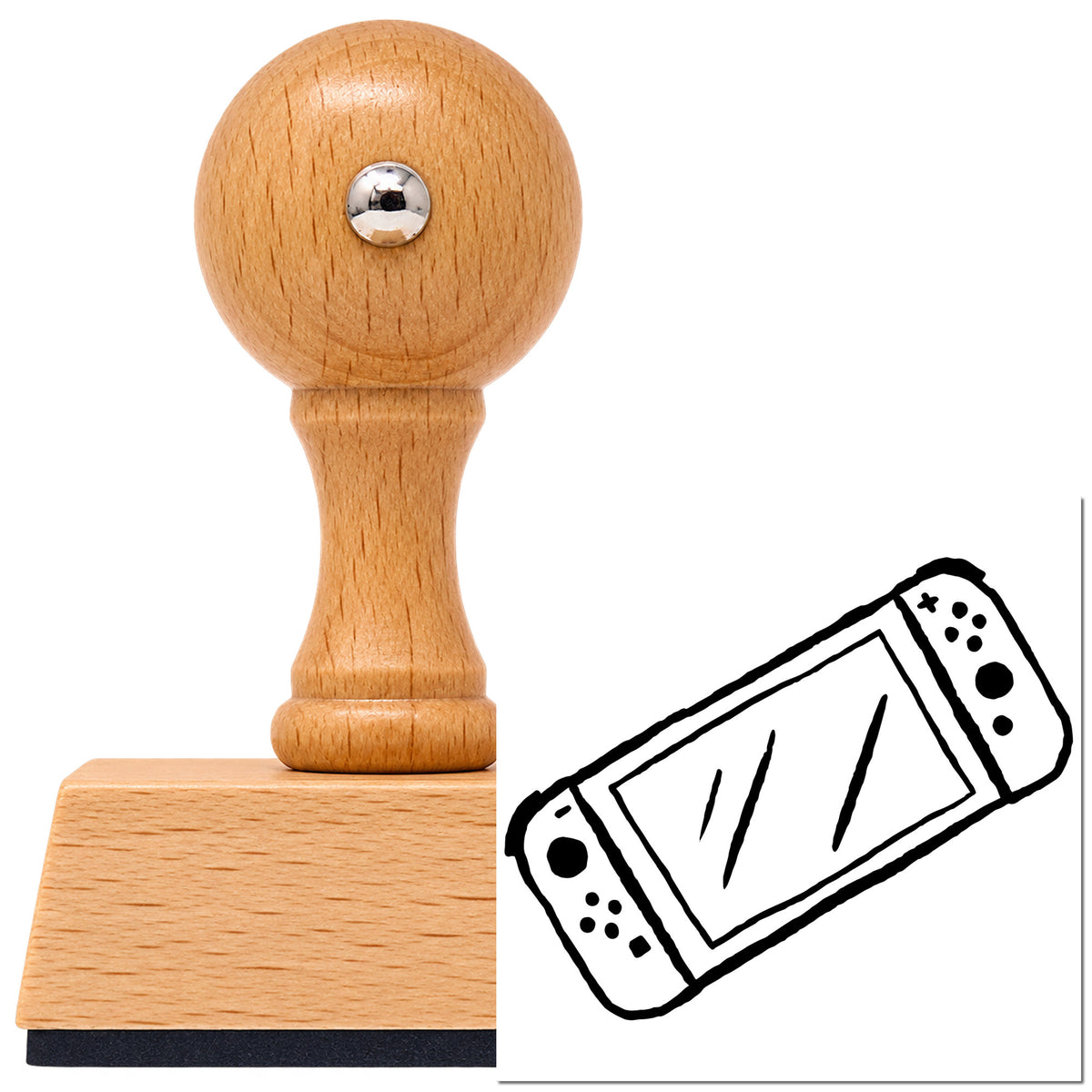 Vintage Pro beech wood stamp with a round knob handle, shown with its black Tilted Handheld Gaming Console imprint on white.