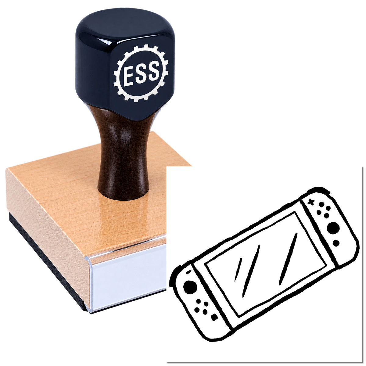 Dark navy ESS rubber stamp on a copper-toned seal block with black stamp outline graphic