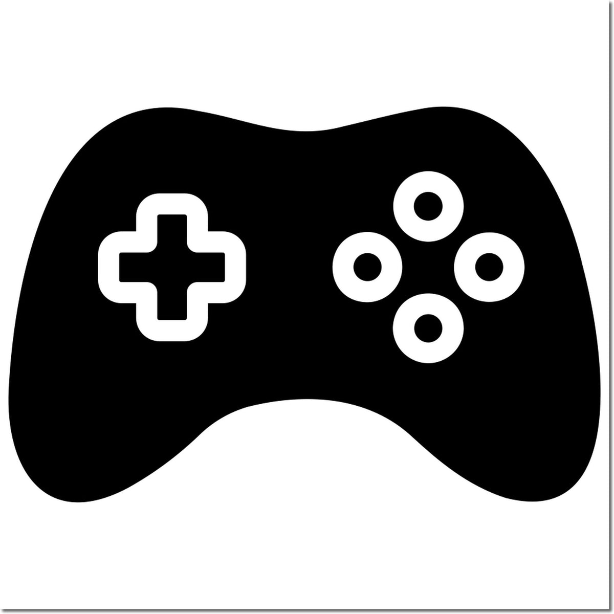 Black controller-shaped stamp and seal with white cross symbol and four white button circles on a white background.
