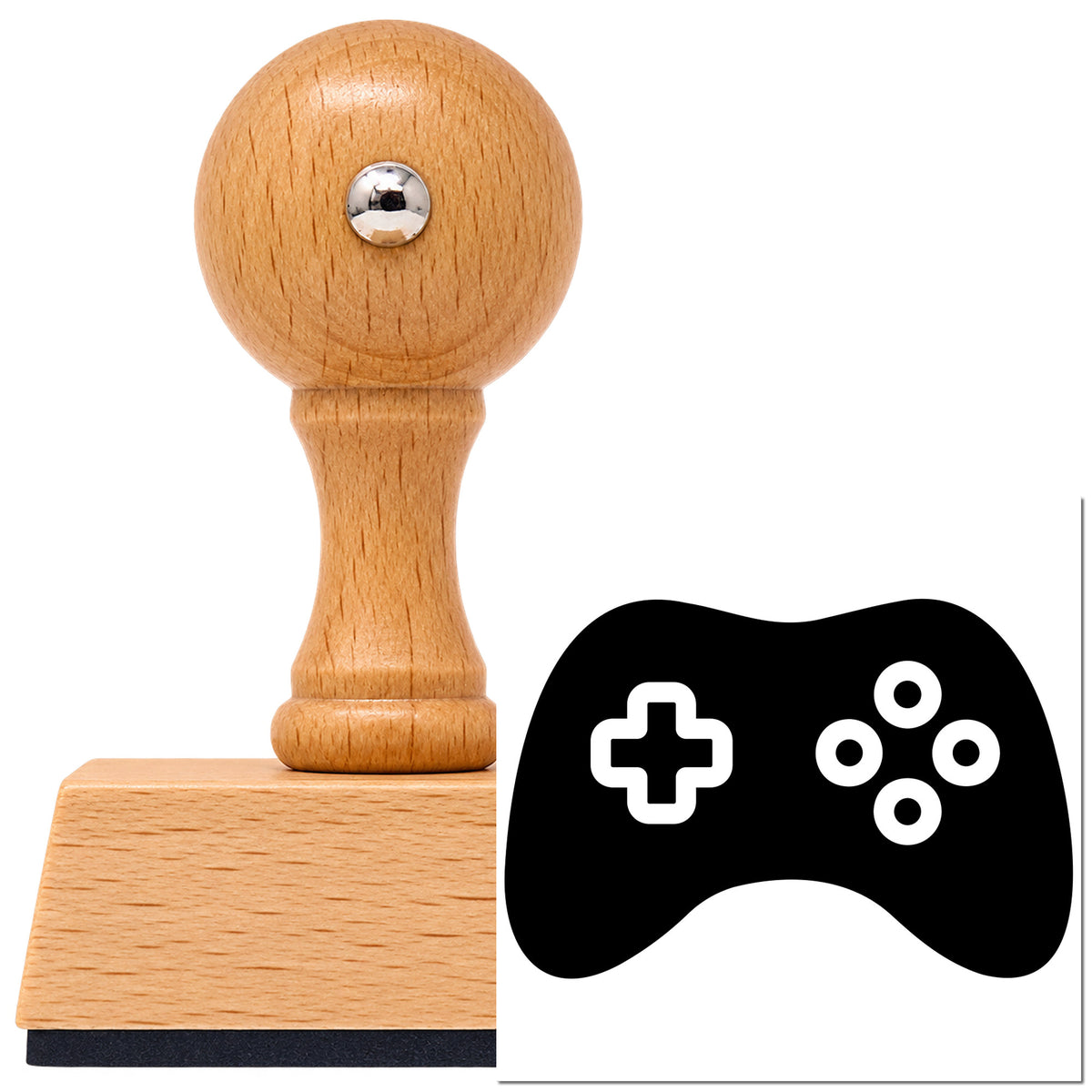 Vintage Pro beech wood stamp with a round knob handle, shown with its black Solid Controller Ring Buttons imprint on white.