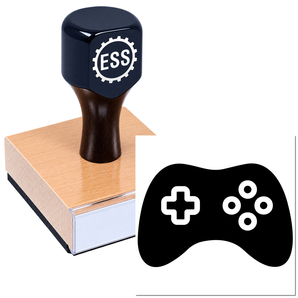 Dark navy ESS custom stamp on wooden block beside black seal icon with white gamepad symbols