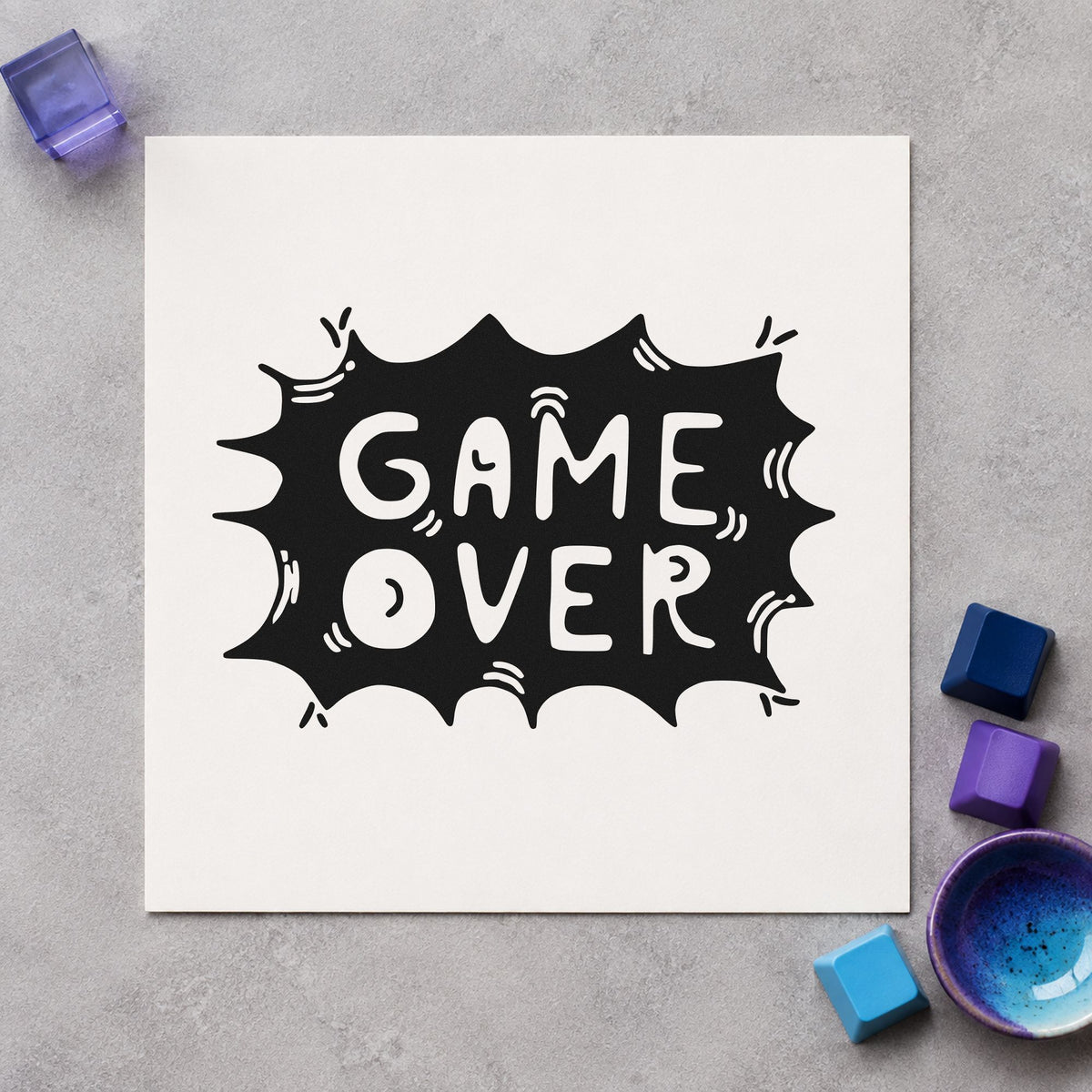 Game Over Comic Burst rubber stamp printed in black ink, ready for comic burst cards and similar paper crafts.