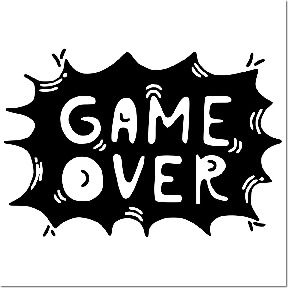 Black comic-style GAME OVER stamp seal with white lettering and splash edges on a white background.