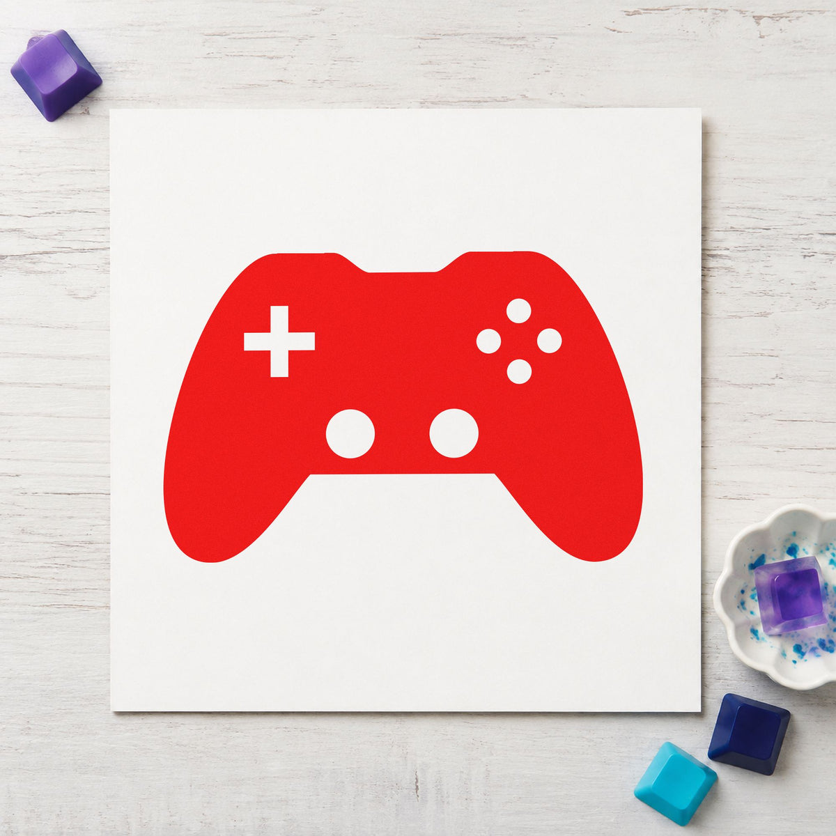 Solid Dual Stick Controller rubber stamp shown in red ink, stamped for projects such as bin rig labels.