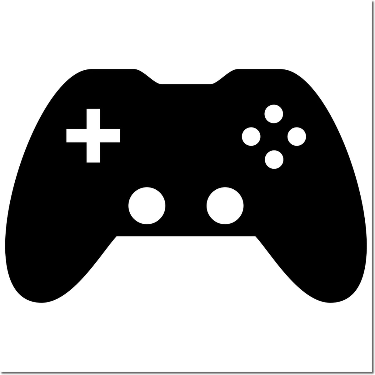 Black game controller stamp and seal icon with white plus and button dots on a white background