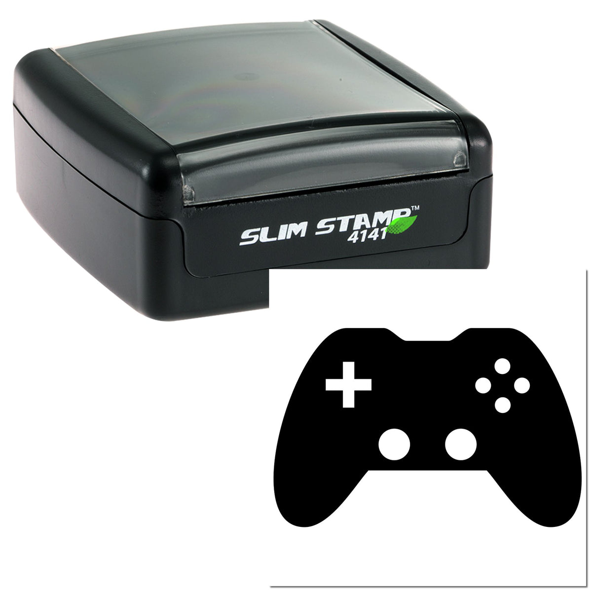 Black Slim Stamp 4141 self-inking stamp with gray lid, plus a black controller-shaped seal design.