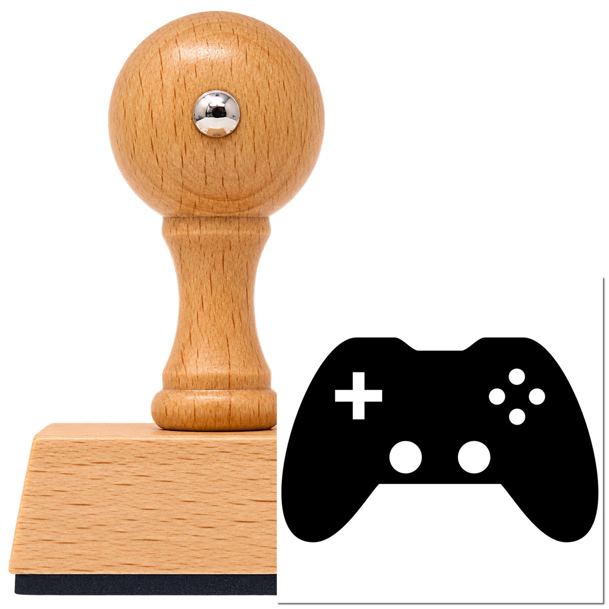Vintage Pro beech wood stamp with a round knob handle, shown with its black Solid Dual Stick Controller imprint on white.