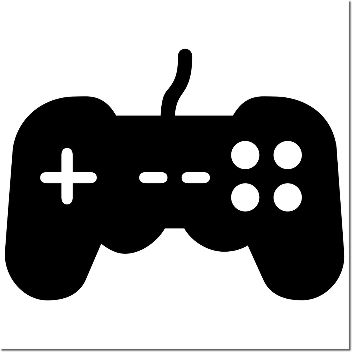 Black game controller stamp and seal icon with white button cutouts on a white background.