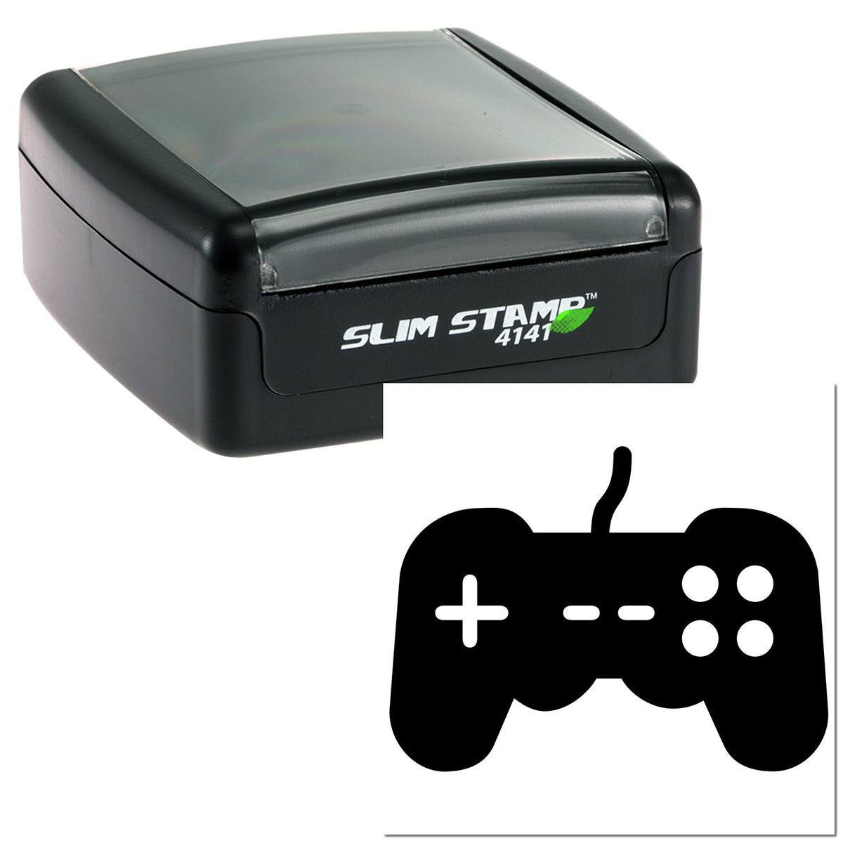 Black Slim Stamp 4141 self-inking stamp and seal with gray lid, game controller icon