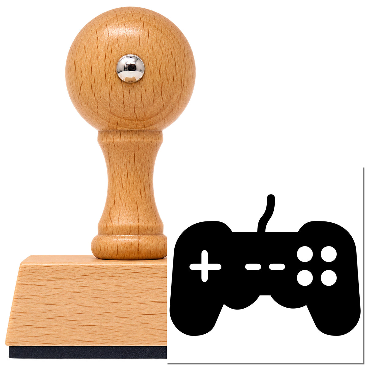 Vintage Pro beech wood stamp with a round knob handle, shown with its black Wired Controller With Center Marks imprint on white.
