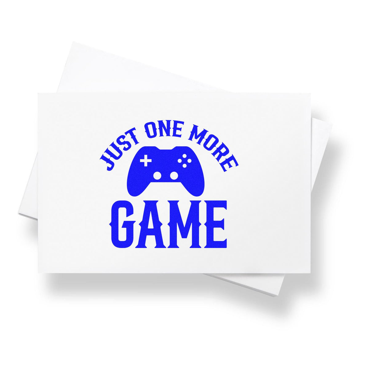Blue Just One More Game stamp and seal design with a game controller on white cards.