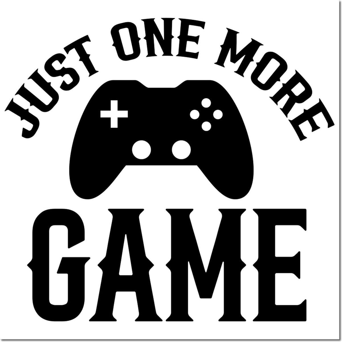 Black Just One More Game controller stamp and seal design in bold black on a white background.