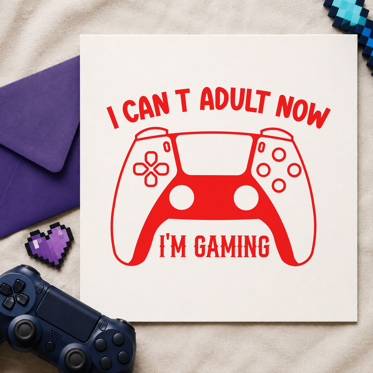 Cannot Adult Now Gaming rubber stamp shown in red ink, stamped for projects such as bin cable labels.