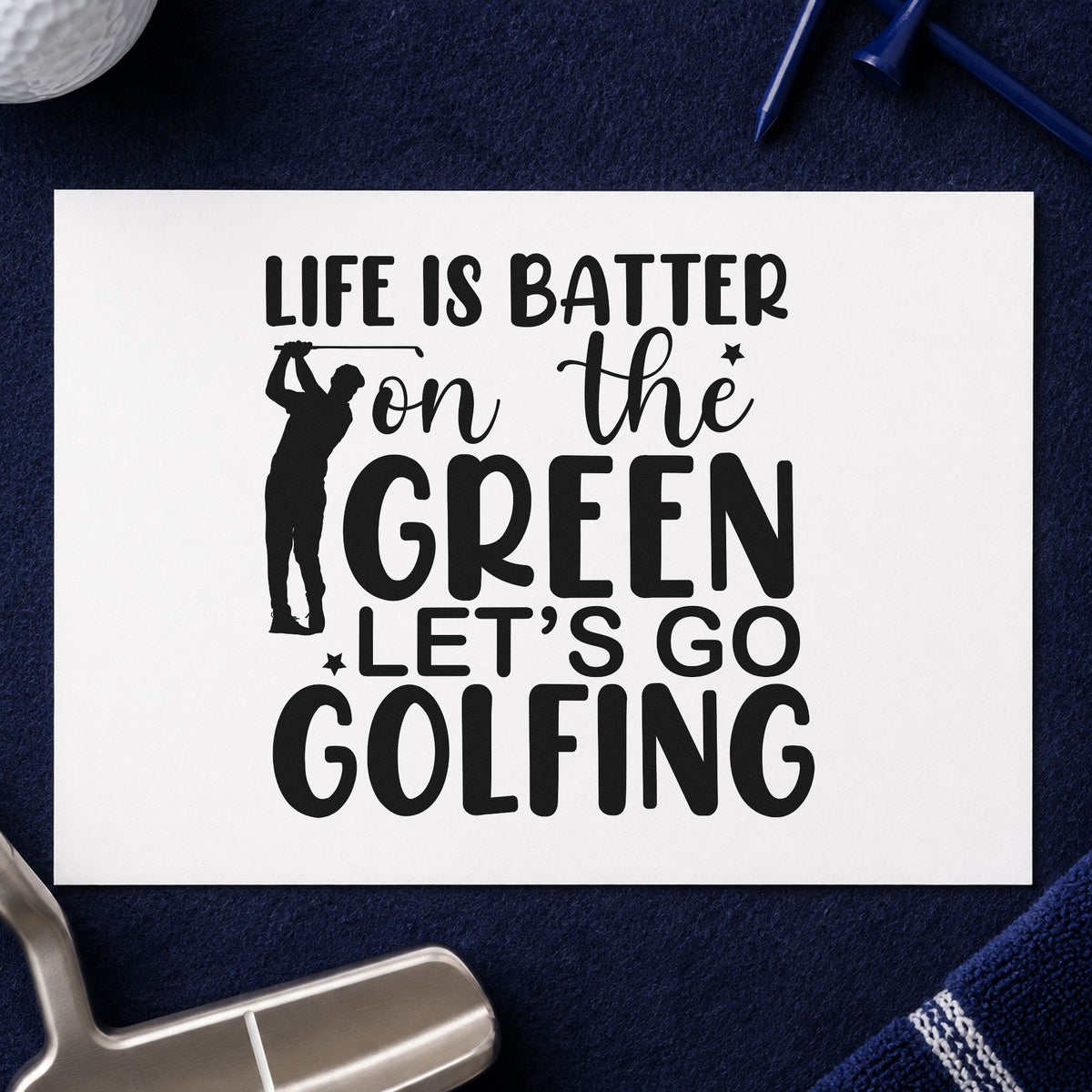 Life On Green Golfing craft stamp in black ink on cardstock, an easy option for course year album page.