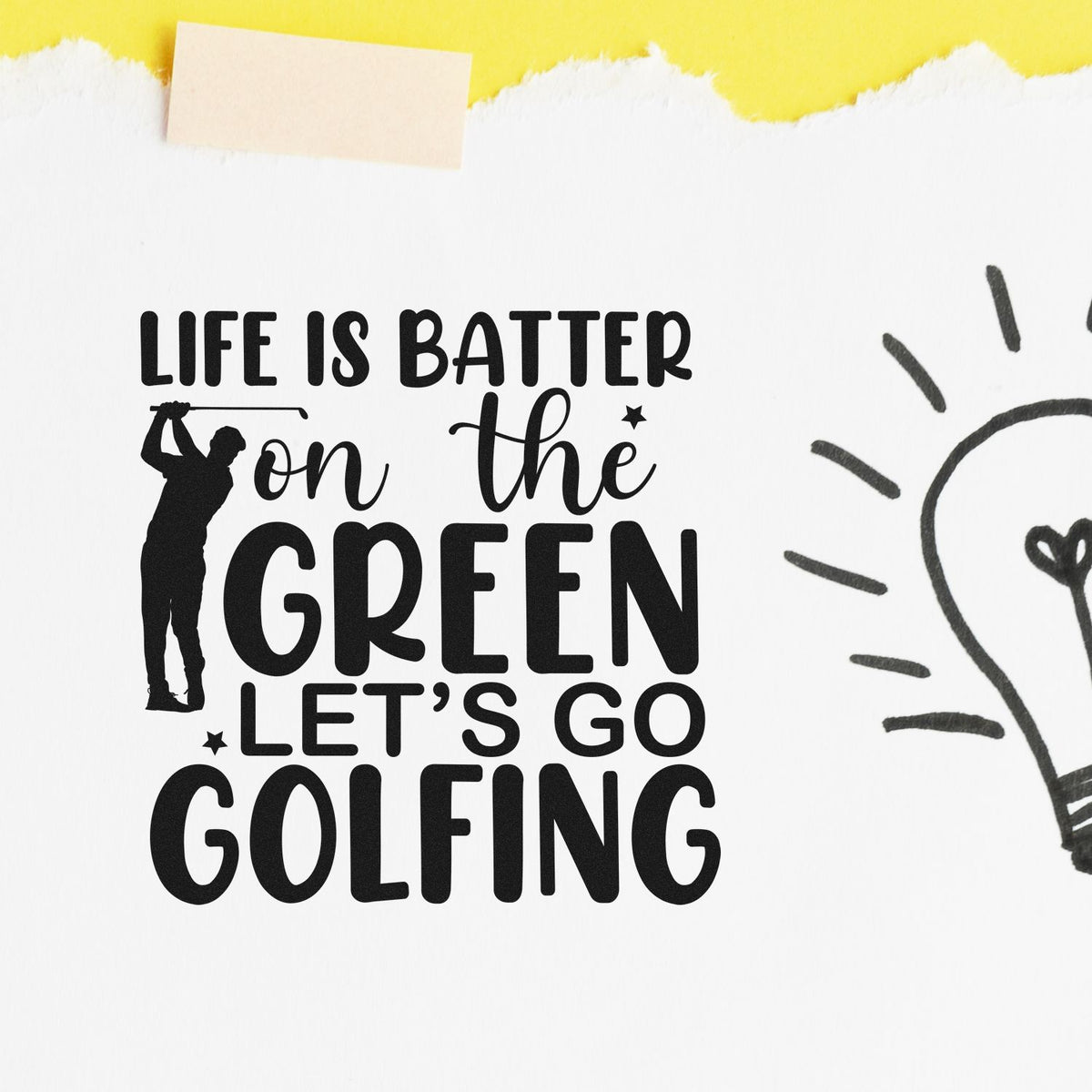 Black golf stamp and seal design with golfer silhouette and Life is better on the green text on white paper.