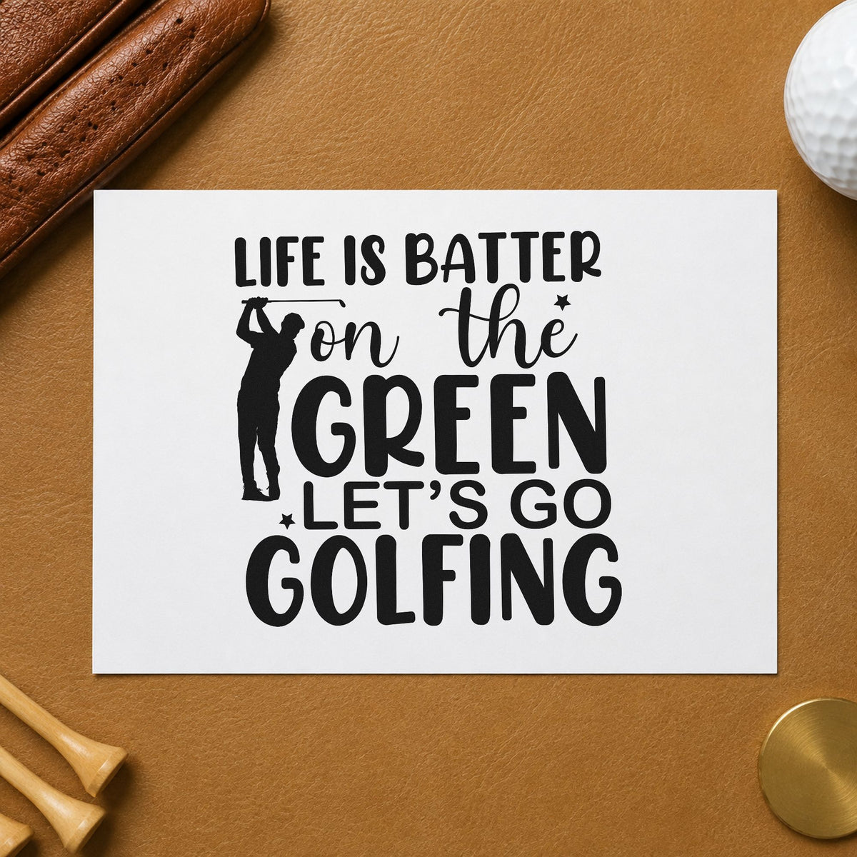 Life On Green Golfing craft stamp imprint in black ink on a handmade project, one idea being pro shop gift tags.